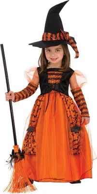 Image de Costume de sorcière brillant Rubies pour filles, robe orange avec détails pailletés et chapeau à paillettes pour Halloween, carnaval, anniversaire et Noël