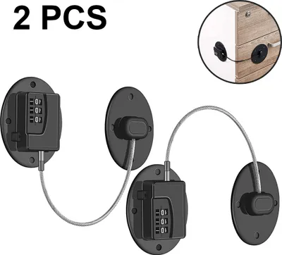Produktbild von Mmgoqqt Zahlenschloss Kindersicherung 2er-Set, Schwarz, ABS/POM-Kunststoff. Für Kühlschrank, Gefrierschrank, Backofen, Trockner, Schränke, Schubladen, Aktenschränke. Maße: 65x55mm, Gesamtlänge 260mm, Stahldrahtlänge 160mm, Basisstärke 27mm, Plattenstärke 3,7mm.