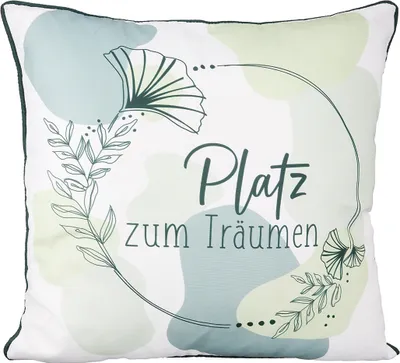 Produktbild von Gilde Kissen, quadratisch, "Ginkgokranz", Spruch, Polyester, grün, VE 3, B. 45 cm, H. 45 cm 51990