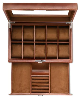 Produktbild von Abschließbare Uhrenbox mit Schmuckschublade, 10 Fächer, 2 Ebenen, in Lederoptik, Braun