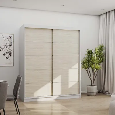 Produktbild von Schwebetürenschrank Kleiderschrank Schrank 160 cm Weiß/Sonoma mit Zierleisten Bono 06