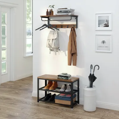 Image de Banc à chaussures vintage Meerveil, tabouret de chaussures au design industriel, banc en bois moulé et cadre métallique, rangement à chaussures à 3 niveaux