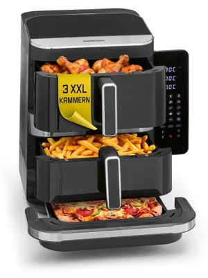Produktbild von GOURMETmaxx Heißluft-Fritteuse 2800W schwarz Doppelkorb vertikal 4l + 6l mit Pizzafach
