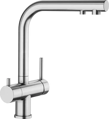 A stainless steel kitchen faucet with a high arc spout and two handles.