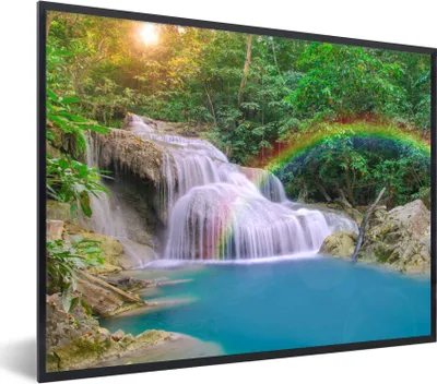 Produktbild von MuchoWow® Gerahmtes Poster Regenbogen - Sonne - Wasserfall - Natur 80x60 cm - Poster mit Schwarzem Bilderrahmen Wandposter Rahmen Foto Bilder - Schwarzem - Mit Gestell