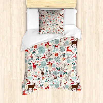 Produktbild von ABAKUHAUS Weihnachten Bettbezug Set für Einzelbetten, Vintage Weihnachtsikonen, Milbensicher Allergiker geeignet mit Kissenbezug, Benzinblau Braun und Rot