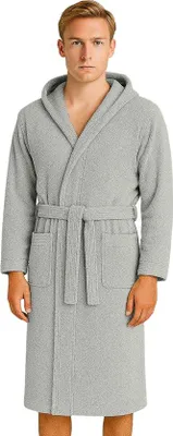 Imagen del producto de Bata para hombre Unyqoos® de 100% algodón (360 g/m²) con capucha – Certificación GREEN, color gris claro, talla XXL