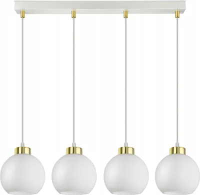 A product shot of a white ceiling lamp with four glass spheres.