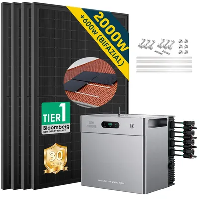 Produktbild von ALLDREI Balkonkraftwerk mit Speicher Zendure SolarFlow 2400 pro , Komplettset mit 4*500W Bifazialer Solarpanel,2,4kWh,4MPPT,Mit Ziegeldach Halterung
