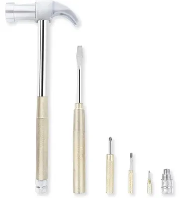 Productafbeelding van Multitool set, 6-in-1: klauwhamer met schroevendraaiers en nagelknipper, zilver/geel