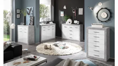 Image de Commode -Reproduction béton - Blanc brillant - L 82 cm - 2 portes - 2 tiroirs