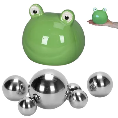 Produktbild von Schwimmfrosch XL Set 7-teilig – Keramik Frosch grün & 6 Edelstahl Schwimmkugeln silber – Dekoration für Gartenteich, Zinkwanne & Miniteich