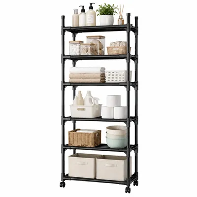 Zdjęcie produktu dla Wąski regał na kółkach, 6 półek, 165 x 40 x 32 cm, metalowy, czarny, do kuchni, łazienki i spiżarni, Obraz wygenerowany przez AI