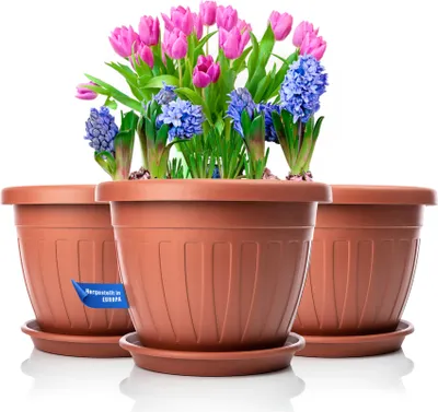 Produktbild von BigDean 3X Blumentopf mit Untersetzer rund ø33xH25 cm Terracotta - wetterfester Pflanzkübel - Wasserablauf UV-beständig aus bruchsicherem Kunststoff
