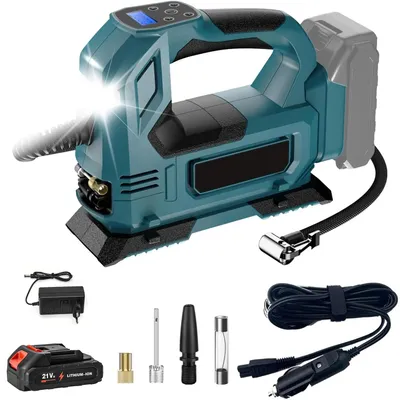 Immagine prodotto di Pompa d'aria elettrica senza fili - Pompa per pneumatici - Automatica - Portatile - Ricaricabile - Con 1 batteria - Per auto