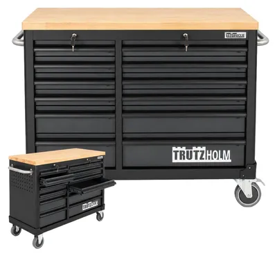 Produktbild von Werkstattwagen DELUXE 12 Schubladen 123 cm Breite unbestückt mit massiver Arbeitsplatte Anthrazit
