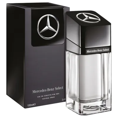 A product shot of Mercedes-Benz Select Eau de Toilette for Men, with its packaging.