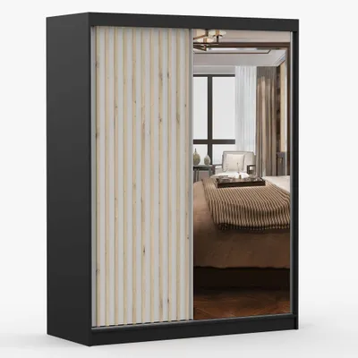 Produktbild von Schwebetürenschrank Kleiderschrank Schrank 150 cm Schwarz/Weiß mit Spiegel und Lamellen LAMI B
