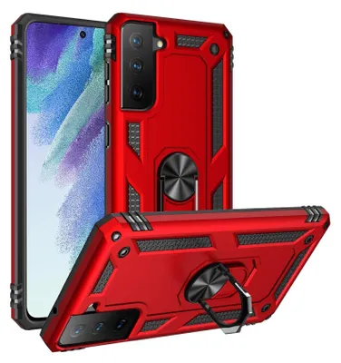 A red phone case with a ring stand is shown from multiple angles, with a smartphone partially visible.
