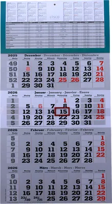 Produktbild von 4 Monats Wandkalender 2026 mit Datumsschieber in Rot, inkl. Ferienübersichten und Jahresüberblick 2026 und 2027, Viermonatskalender werbefrei, 4 Monatskalender