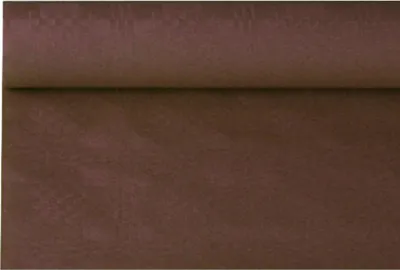 A roll of brown paper tablecloth with a damask pattern.
