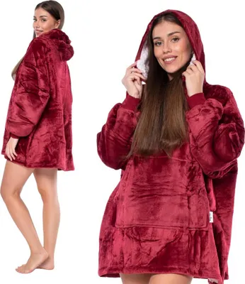Produktbild von Sweatshirt Decke Kocobluza 2in1 Oversize XXL mit Kapuze Dicke Sherpa Rot
