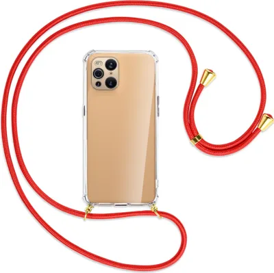Produktbild von Handykette Backcover-Schutzhülle mit Band (Metall goldfarben) für Oppo Find X3 Pro - rot
