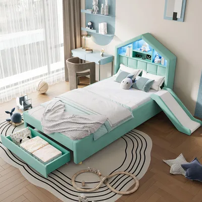Produktbild von Merax Polsterbett 90x200cm mit Rutsche und Stauraum, Hausbett mit LED-Beleuchtung, Kinderbett mit Ladeanschluss, Kopfteil mit Regal, Samt, Blaugrün