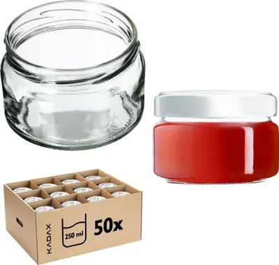 A collage of glass jars, including an empty one, one filled with red jam, and a cardboard box containing multiple jars.