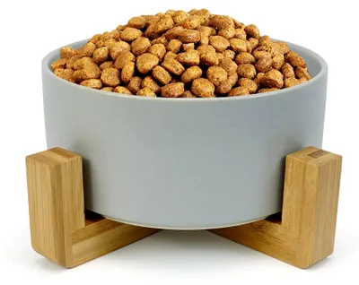 Produktbild von Keramischer Hundenapf mit Bambusboden und rutschfester Matte für große Hunde und Katzen (Grau, 400 ml)