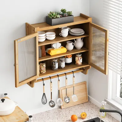 Produktbild von STILVORA Wandschrank mit Glastüren und 3 Ablagen, Hängeschrank mit Handtuchhalter, Badezimmerschrank mit 2 Türen, Holzfarbe