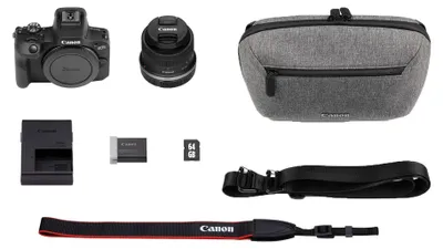 Produktbild von EOS R100 + RF-S 18-45mm F4.5-6.3 is STM Objektiv + Kameratasche + 64GB SD-Karte (Spiegellose Digitalkamera, 4k Videokamera, 24,1 Megapixel, Bildstabilisator, Objektivsteuerring, WLAN) sch...