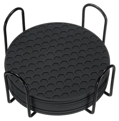 8 Silikon-Untersetzer mit Halter, 10 cm, schwarz, hitzebeständig