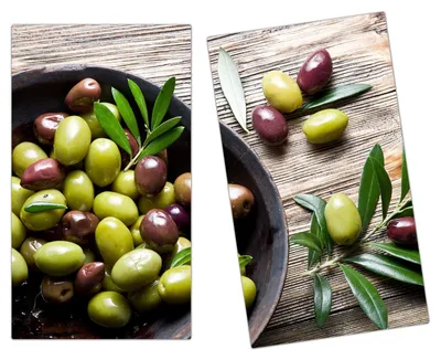 Produktbild von Spritzschutz Herdabdeckplatte Schneidebrett aus Glas Oliven in Töpfchen 2-Teilig (60x52cm)