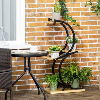 Produktbild von Pflanzenständer 4 Ebenen Massivholz Eisen, Blumenregal Tannenholz rustikal wetterbeständig, Natur+Schwarz | 46x25x91 cm | 3,7 kg