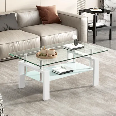 Produktbild von Glastisch 100x60 cm, weiß, gehärtetes Glas, Couchtisch, 100x60x44 cm