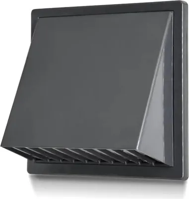 A dark gray ventilation grille with a hood is mounted on a light gray background.