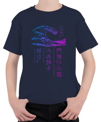 Zdjęcie produktu dla japanese Wave Ukiyoe Neon Vaporwave Cyberpunk Retro Uni  Kids T-Shirt, Granatowy, 116