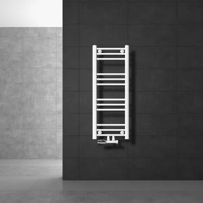 Produktbild von LuxeBath Badheizkörper Mittelanschluss 300 x 800 mm Weiß gerade mit Thermostat und Anschlussgarnitur Eck Wand - Heizkörper Heizung, ohne Heizstab