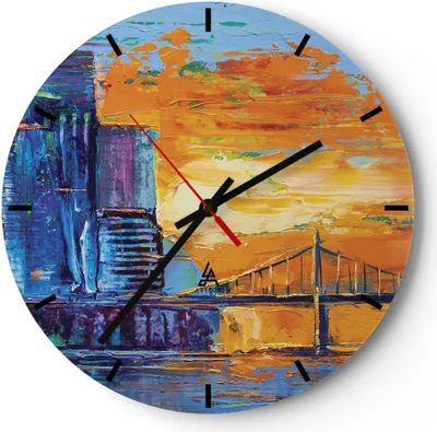 Produktbild von Wanduhr - Rund - Glasuhr - Stadt Brücke pastos - 30x30cm - Schleichendes Uhrwerk - Lautlos - zum Aufhängen bereit - Dekoration Modern - Wanddekoration aus Glas - C3AR30x30-4392