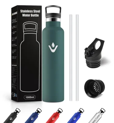 Productafbeelding van Thermosfles 1 liter, lekvrije drinkfles met rietje, waterfles met koolfilter