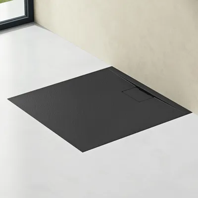 Produktbild von doporro Duschtasse Duschwanne 70x90x3 flach Mineralguss in Anthrazit DIN-Anschlüsse für bodengleiche Montage geeignet Geoma07