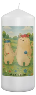 Produktbild von Mr. & Mrs. Panda Kerze Bären mit Blumenkranz Design 19 x 8 cm - Weiß - Geschenk, Lieblingsmensch, Erinnerungslicht, Wachskerze, Vorbild, Stumpenkerze, Blockkerze, Family