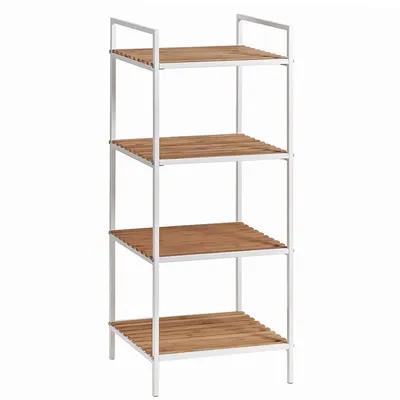 A freestanding four-shelf shelving unit with a white metal frame and natural wood-colored shelves.