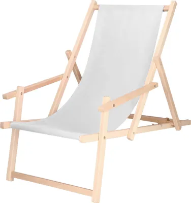 A white canvas deck chair with a wooden frame, shown from a three-quarter angle against a white background.