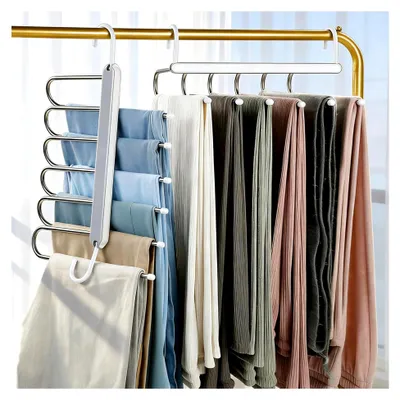 Produktbild von Hosenständer, platzsparend, 2er-Pack 6-in-1-Hosenständer aus Edelstahl, multifunktional, rutschfest, für Hosen, Schals, Jeans, Kleidung, Handtücher (weiß)
