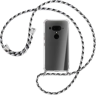 Produktbild von Handykette Backcover-Schutzhülle mit Band (Metall silberfarben) für HTC U12 Plus - schwarz/grau/weiß