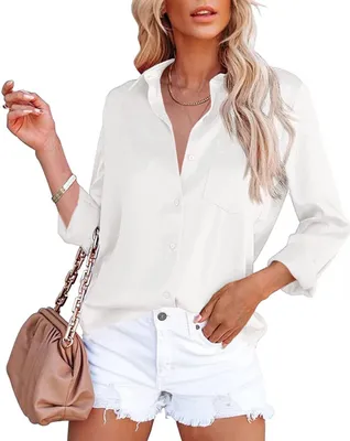 Produktbild von ASKSA Damen Satin Bluse Elegant V-Ausschnitt Hemden Knöpfen Casual Arbeit Oberteile, Weiß, M