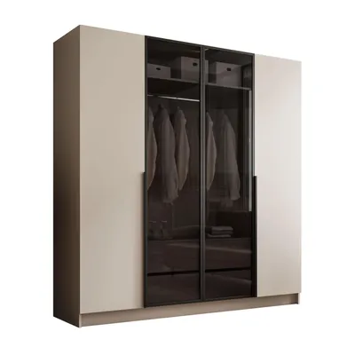 Produktbild von Viertüriger Schrank ATRIUM mit Glasfront, Kaschmir / Kaschmir Mat, Schwarze Griffe