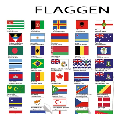 A collage of various national flags with their respective country names and capitals listed below them.